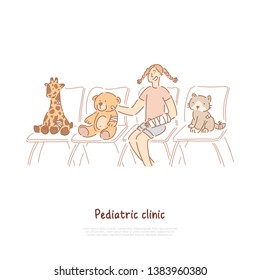 Pediatric clinic, traumatology, child playing doctor role game, girl at hospital queue, soft animal toys banner