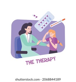 Pediatric composition with flat icons of pills and drugs with adult doctor and child patient vector illustration