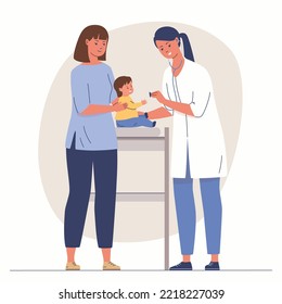 Pediatric consultation. Mother brought child for examination. Vaccination. Vector flat illustration