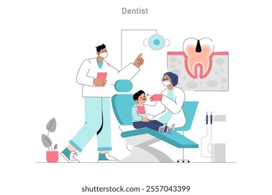 Pediatric dental care concept. Child visiting dentist for routine check-up, promoting oral health awareness. Friendly atmosphere and modern clinic setting. Vector illustration.