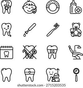 Conjunto de iconos dentales pediátricos - Ilustración vectorial de símbolos de contorno de cuidado dental infantil para App de la salud infantil.eps
