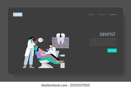 Pediatric dental visit illustration. Child patient receiving care with comforting dentist and assistant. Inclusive healthcare setting. Vector illustration.