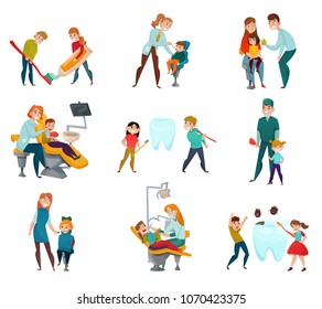 Pediatric dentist icons set with kids and medical treatment symbols flat isolated vector illustration