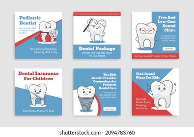 Pediatric Dentist Internet Promo Collection Landing Page Vector Flat Illustration. Medical Dentistry Emergency And Treatment Care Ads Poster With Funny Tooth Character. Dental Children Insurance