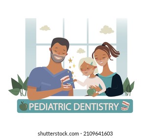 Pediatric dentist. Mom and daughter at the dentist's office, visit in the office and watch the doctor show the model of the jaw and teeth. Cartoon illustration, vector, isolated on white background.