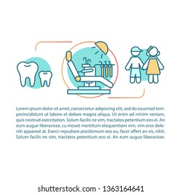 Pediatric dentistry article page vector template. Dental office, tooth care. Brochure, magazine, booklet design element with icons and text boxes. Print design. Concept illustrations with text space