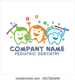 PEDIATRIC DENTISTRY Clinic logo with colorful and cheerful teeth cartoon characters
