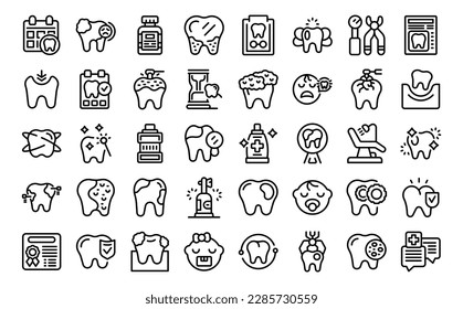 Pediatric dentistry icons set outline vector. Implant teeth. Medical care