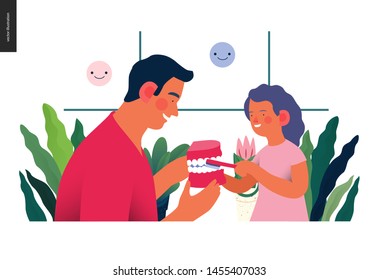 Pediatric dentistry -medical insurance illustration -modern flat vector concept digital illustration -a dantist teaching a child patient to brush teeth jaw model, the dental office or laboratory