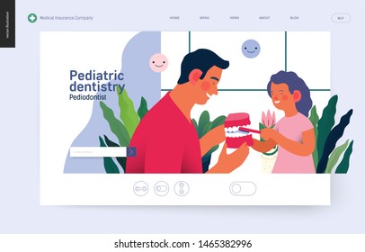 Pediatric dentistry -medical insurance web template -modern flat vector concept digital illustration -a dantist teaching a child patient to brush teeth jaw model, the dental office or laboratory