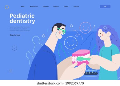 Pediatric dentistry - medical insurance web template. Modern flat vector