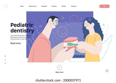 Pediatric dentistry - medical insurance web template. Modern flat vector