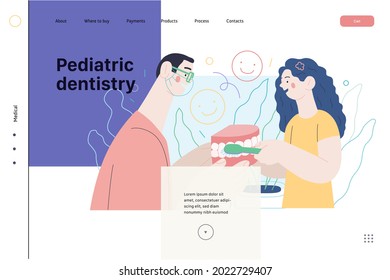 Pediatric dentistry - medical insurance web template. Flat vector