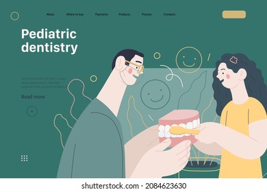 Pediatric dentistry -medical insurance web template -modern flat vector concept digital illustration -a dantist teaching a child patient to brush teeth jaw model, the dental office or laboratory