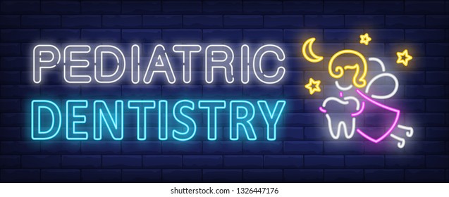 Pediatric dentistry neon text, fairy flying and carrying tooth. Stomatology and dental clinic design. Night bright neon sign, colorful billboard, light banner. Vector illustration in neon style.