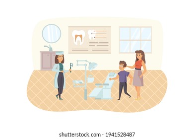 Pediatric dentistry scene. Boy and his mother visiting dentist, patient examination and treatment. Medical center, clinic service concept. Vector illustration of people characters in flat design