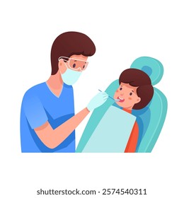 Pediatric dentistry service. Healthy teeth from childhood. Dentist examining with mouth mirror oral cavity, treating boy tooth. Children dental clinic. Cartoon vector illustration.