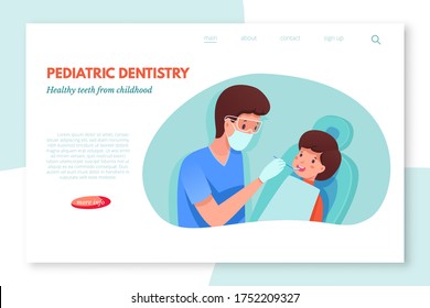 Pediatric dentistry service vector landing page. Healthy teeth from childhood. Dentist examining with mouth mirror oral cavity, treating boy tooth. Kid sitting on armchair. Children dental clinic