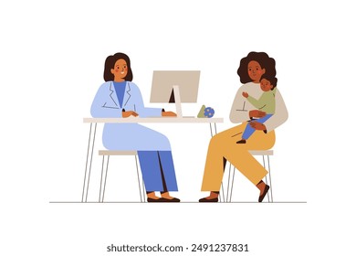 Pediatric diagnostic and consultation for mother with child. Woman with small son visit doctor for medical exam. African American Baby with his parent at appointment in hospital.  Vector illustration