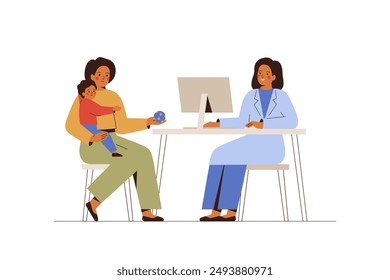 Pediatric diagnostic and consultation for mother with child. Woman with small son visit doctor for medical exam. Baby with his parent at appointment in hospital.  Vector illustration