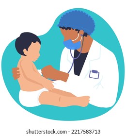 Médico pediátrico hembra escuchando el latido cardíaco del niño con estetoscopio durante la revisión. Pequeño paciente. Consulta pediatra infantil. Ilustración web de vectores aislada