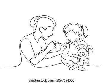 Pediatric Doctor Giving Vaccine Injection To Young Beautiful Girl Patient At Hospital. Medical Healthcare Treatment Concept. Continuous One Line Drawing. Vector Illustration