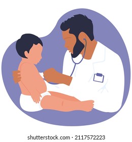 Pediatric doctor male listening child's heartbeat with stethoscope during check up. Little patient. Baby pediatrician consultation. Vector web illustration isolated