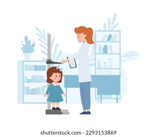 Pediatric doctor measures height of child with stadiometer. Medical monitoring of baby growth and development, flat vector illustration isolated on white background.