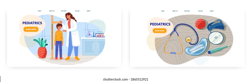Pediatric doctor uses stadiometer to measure height of young boy patient. Medical concept vector illustration. Pediatrician and family physician doctor. Pediatric medicine tools