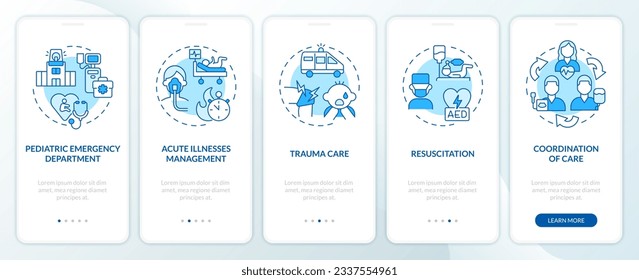 Pediatric emergency blue onboarding mobile app screen. Child hospital walkthrough 5 steps editable graphic instructions with linear concepts. UI, UX, GUI template. Myriad Pro-Bold, Regular fonts used