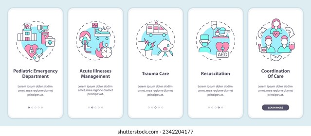 Pediatric emergency onboarding mobile app screen. Urgent care walkthrough 5 steps editable graphic instructions with linear concepts. UI, UX, GUI template. Myriad Pro-Bold, Regular fonts used