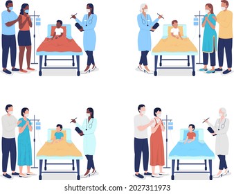 Pediatric Emergency Room Semi Flat Color Vector Characters Set. Full Body People On White. Treating Ill, Trauma Patients Isolated Modern Cartoon Style Illustration For Graphic Design And Animation