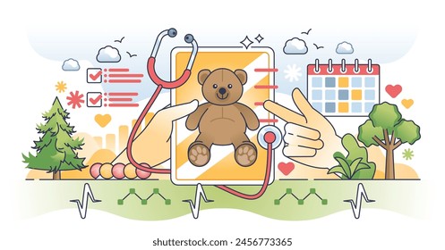 Pediatric EMR or electric medical records database outline hands concept. Digital healthcare management system for children hospital or clinic vector illustration. Diagnosis and treatment data card.