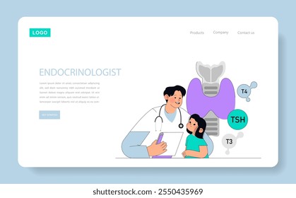 Pediatric Endocrinology Concept. A caring doctor examines a child patient with thyroid issues in a clinical setting. Vector illustration.