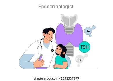 Pediatric endocrinology concept. Doctor explaining thyroid function to a child. Hormone education in healthcare. Vector illustration.