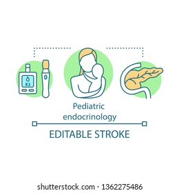 Pediatric Endocrinology Concept Icon. Adrenal, Thyroid And Pituitary Problems. Endocrine Disease. Children Endocrine Regulation Idea Thin Line Icon. Vector Isolated Outline Drawing. Editable Stroke