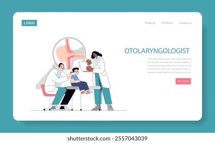 Pediatric ENT Consultation concept. A friendly doctor examines a young patient's ear with a parent nearby. Health care, medical examination, and child well-being focus. Vector illustration.