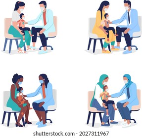 Pediatric Examination Semi Flat Color Vector Characters Set. Full Body People On White. Family Physician Examining Child Isolated Modern Cartoon Style Illustration For Graphic Design And Animation