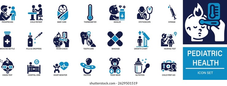 Ícone de saúde pediátrica Definir saúde infantil, consulta médica, vacinação, checkup, baby care, gráfico de crescimento, estetoscópio