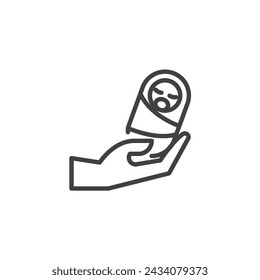 Pediatric healthcare service line icon. linear style sign for mobile concept and web design. Hand with infant baby outline vector icon. Symbol, logo illustration. Vector graphics