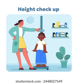 Pediatric height measurement. Nurse measures young child growth against height chart in bright, friendly clinic. Child development milestones. Keeping kids wellbeing in check. Vector illustration