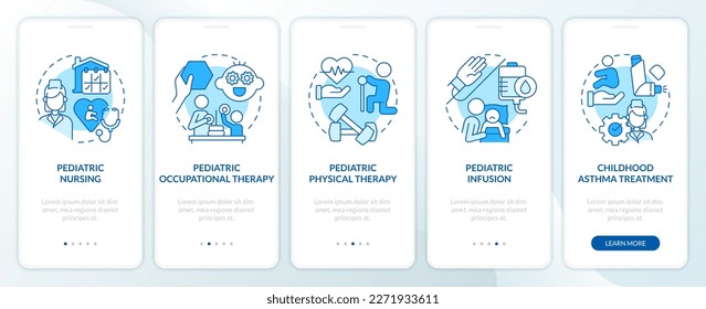 Pantalla de aplicación móvil de atención de la salud en el hogar pediátrico azul a bordo. Recorrido 5 pasos instrucciones gráficas editables con conceptos lineales. UI, UX, plantilla GUI. Multitud de tipos de letra Pro-Bold, con uso regular