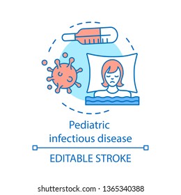 Pediatric infectious disease concept icon. Bacterial and viral infection. Hyperthermia, asthenia. Children health care service idea thin line icon. Vector isolated outline drawing. Editable stroke