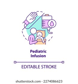 Pediatric infusion concept icon. Intravenous injection. Home health care for kid abstract idea thin line illustration. Isolated outline drawing. Editable stroke. Arial, Myriad Pro-Bold fonts used