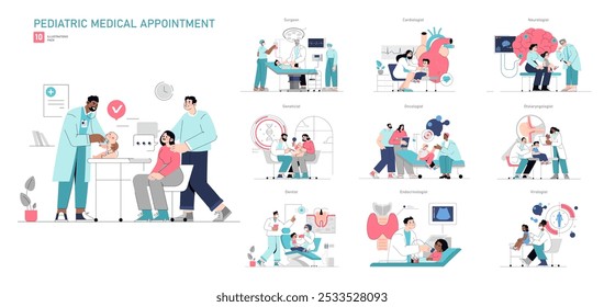 Pediatric Medical Appointment set. Child healthcare and specialist consultations. Doctor's visit, diagnosis, and treatment. Vector illustration.