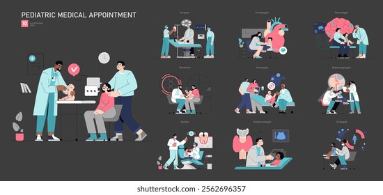 Pediatric medical appointment set. Children visiting various healthcare specialists. Pediatric care, medical examination, specialist consultation. Vector illustration.