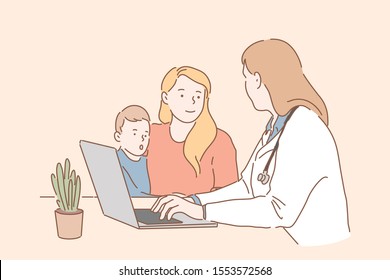 Pediatric Medicine, Childrens Healthcare Concept. A Young Mother With A Small Child Paid A Visit To The Pediatrician. A Woman Doctor Tells Her Mother How To Treat Her Son. Simple Flat Vector