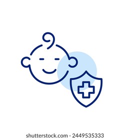 Pediatric medicine. Infant and shield with cross. Specialized healthcare and insurance for babies. Pixel perfect icon