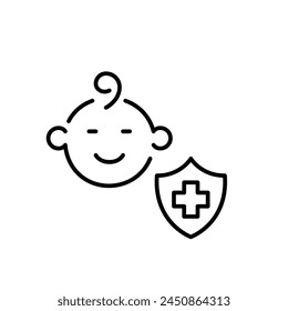 Pediatric medicine. Infant and shield with cross. Specialized healthcare and insurance for babies. Pixel perfect vector