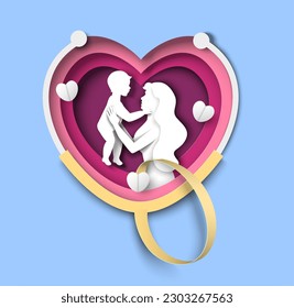 Pediatric medicine vector illustration in papercut craft style. Happy mother holding baby people silhouette in heart shape frame